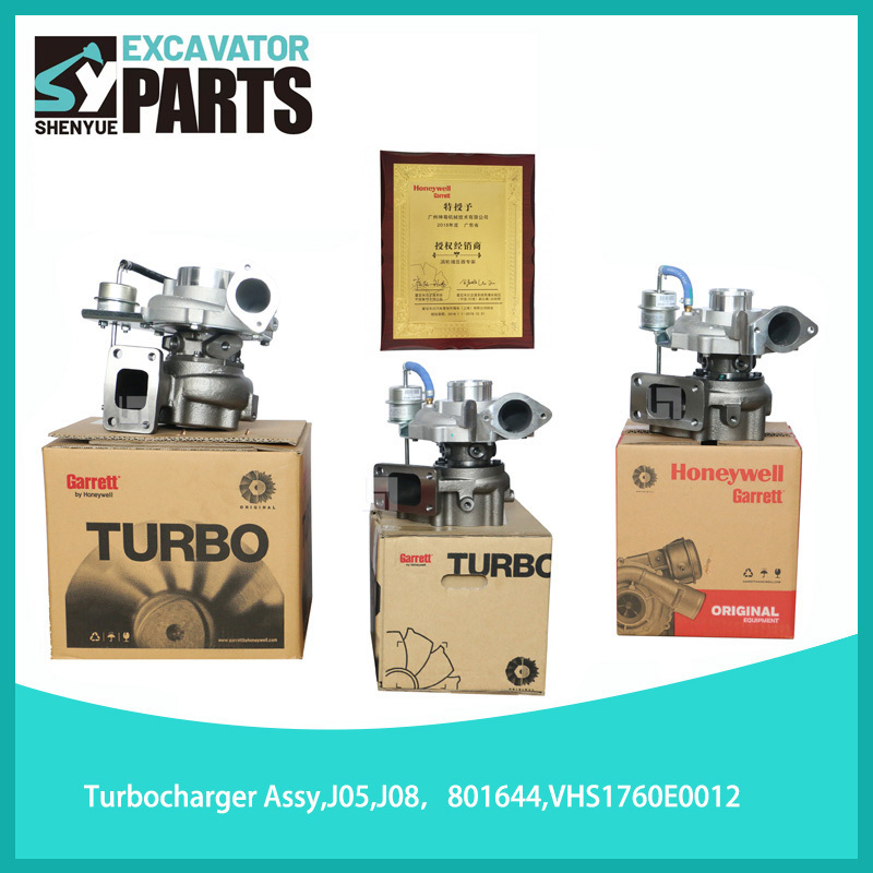Garrett authorized turbocharger assembly for Kobelco HINO J05/J08 engines, part 801644 / VHS1760E0012 — fits SK200-8 to SK380-10
